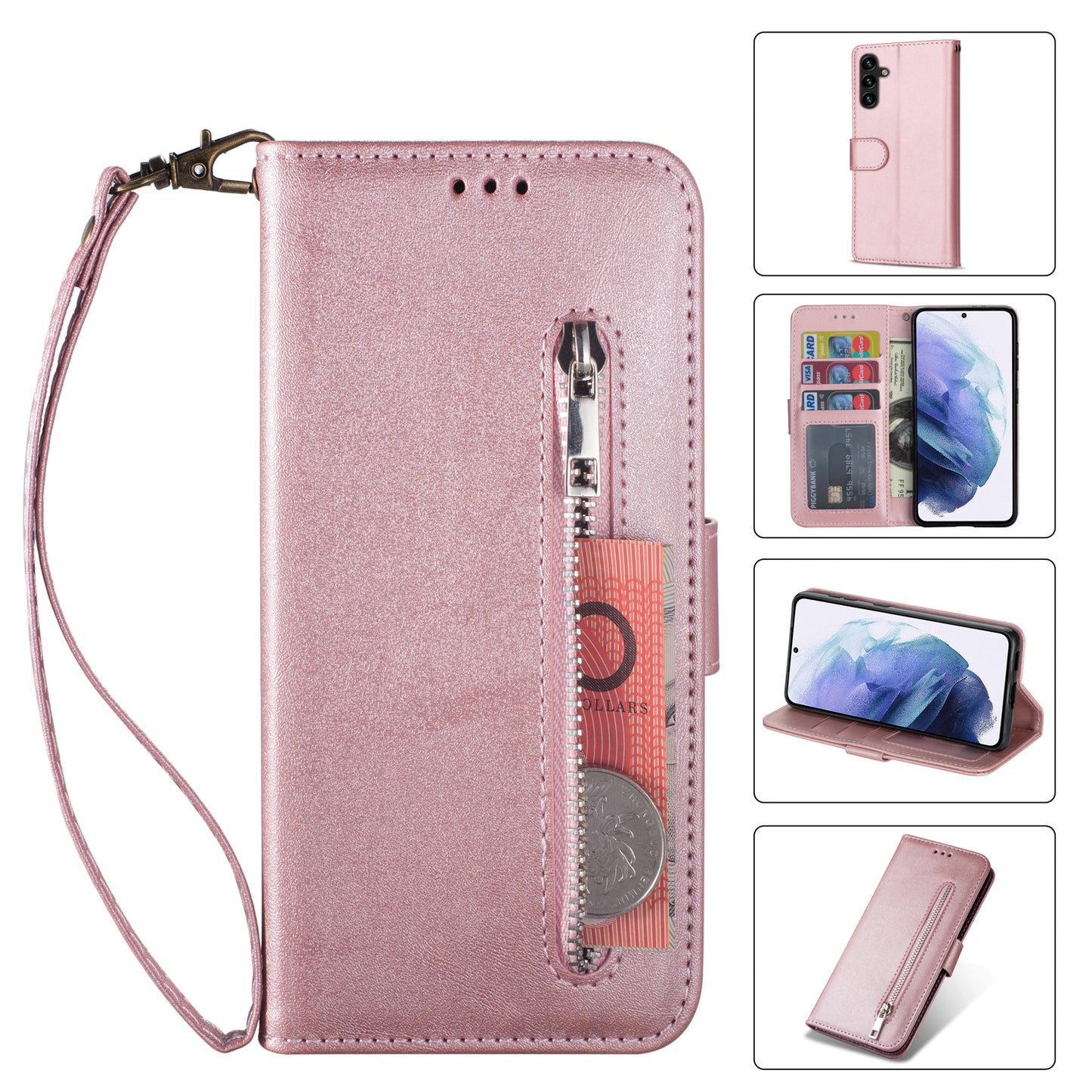 For Samsung Galaxy A16 4G / 5G Case Anti-Scratch Zipper Wallet Leather Phone Cover - Rose Gold