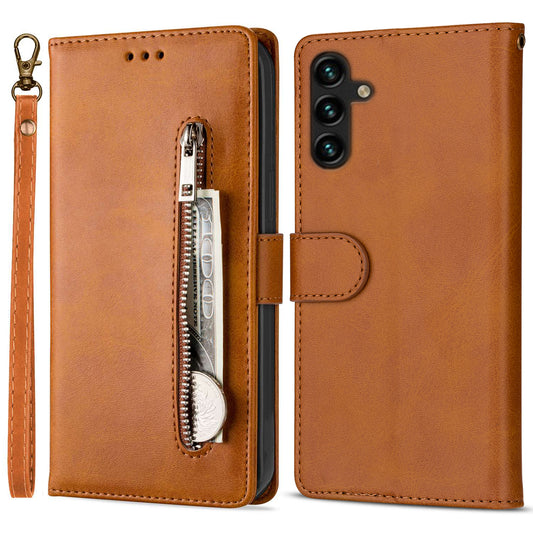 For Samsung Galaxy A16 4G / 5G Case Anti-Scratch Zipper Wallet Leather Phone Cover - Brown