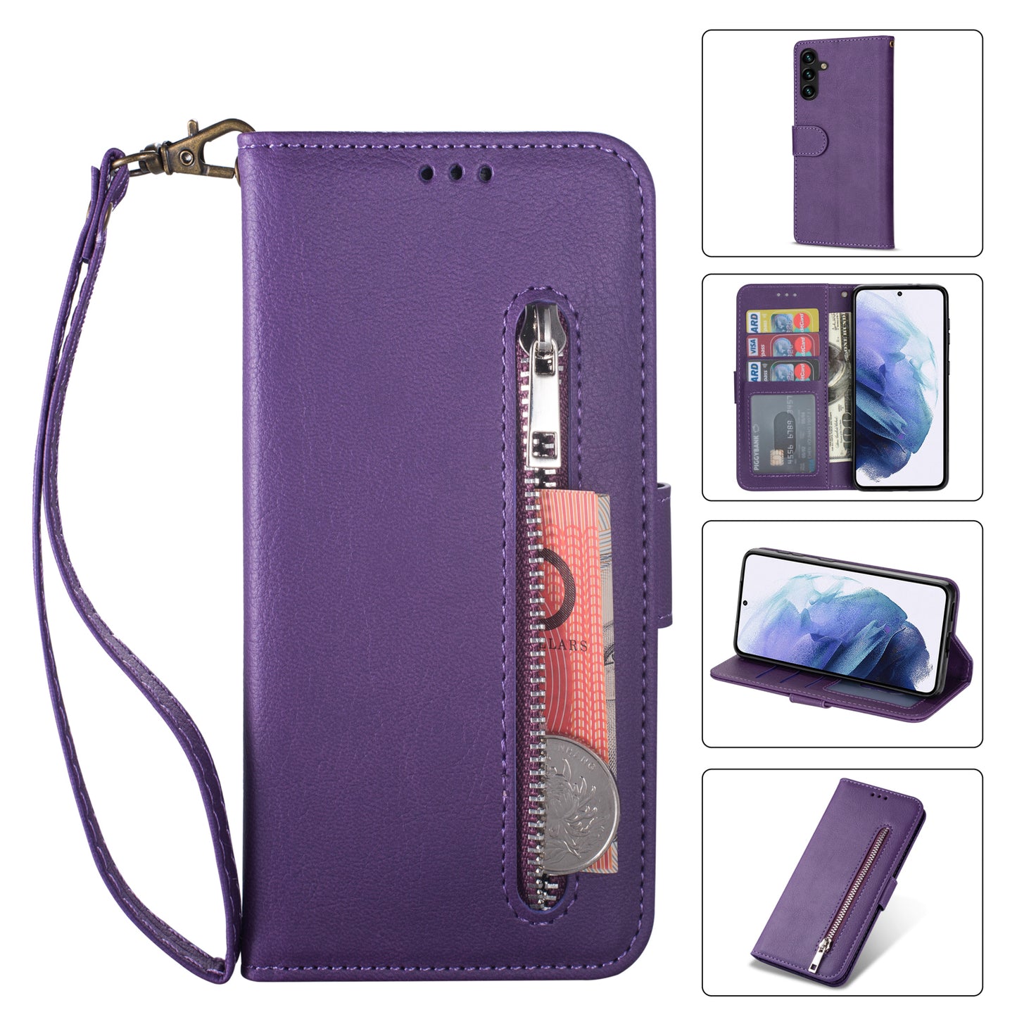 For Samsung Galaxy A16 4G / 5G Case Anti-Scratch Zipper Wallet Leather Phone Cover - Purple