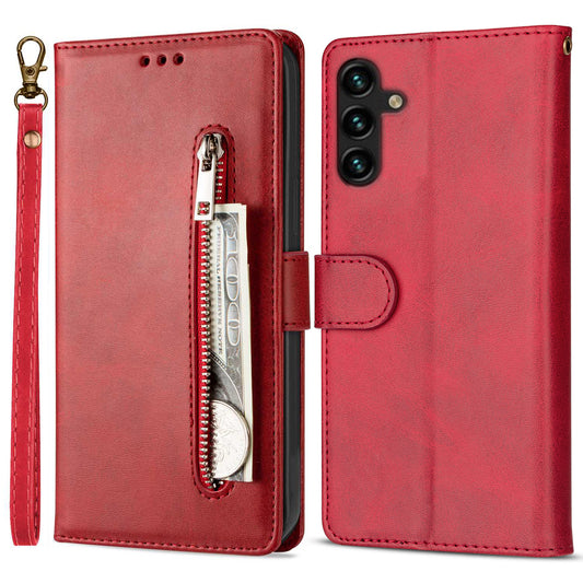 For Samsung Galaxy A16 4G / 5G Case Anti-Scratch Zipper Wallet Leather Phone Cover - Red