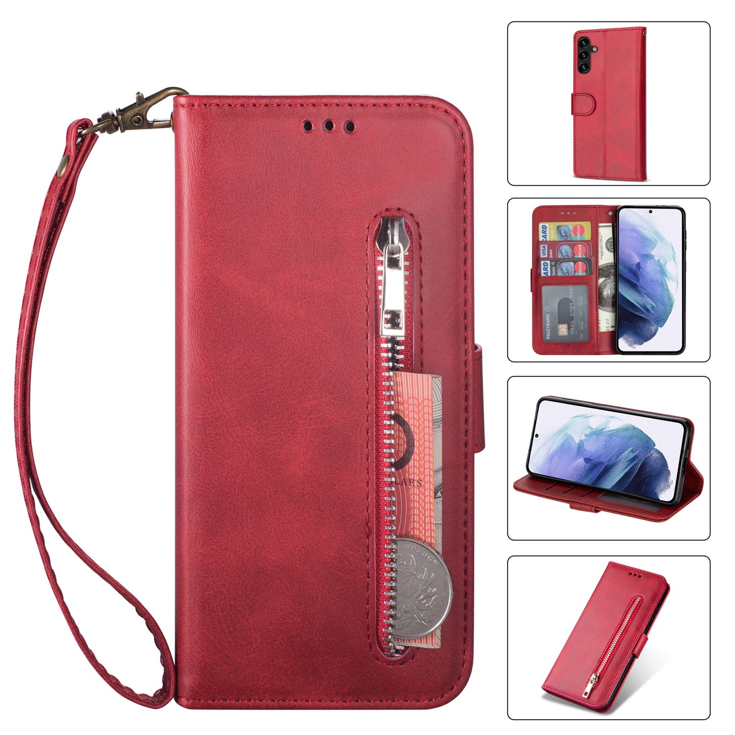 For Samsung Galaxy A16 4G / 5G Case Anti-Scratch Zipper Wallet Leather Phone Cover - Red