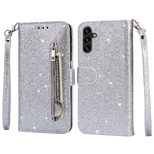 For Samsung Galaxy A16 5G  /  4G Stand Case Glitter Phone Leather Cover Zipper Pocket - Silver