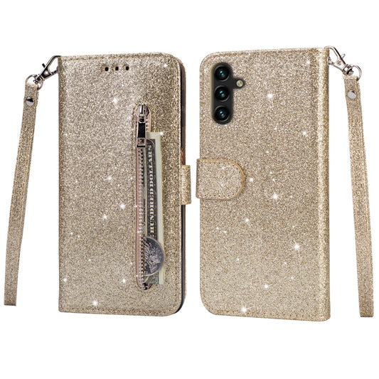 For Samsung Galaxy A16 5G  /  4G Stand Case Glitter Phone Leather Cover Zipper Pocket - Gold