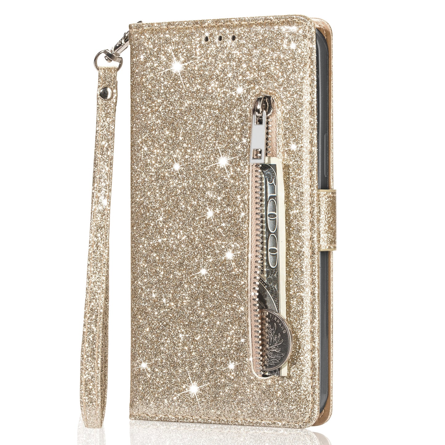 For Samsung Galaxy A16 5G  /  4G Stand Case Glitter Phone Leather Cover Zipper Pocket - Gold