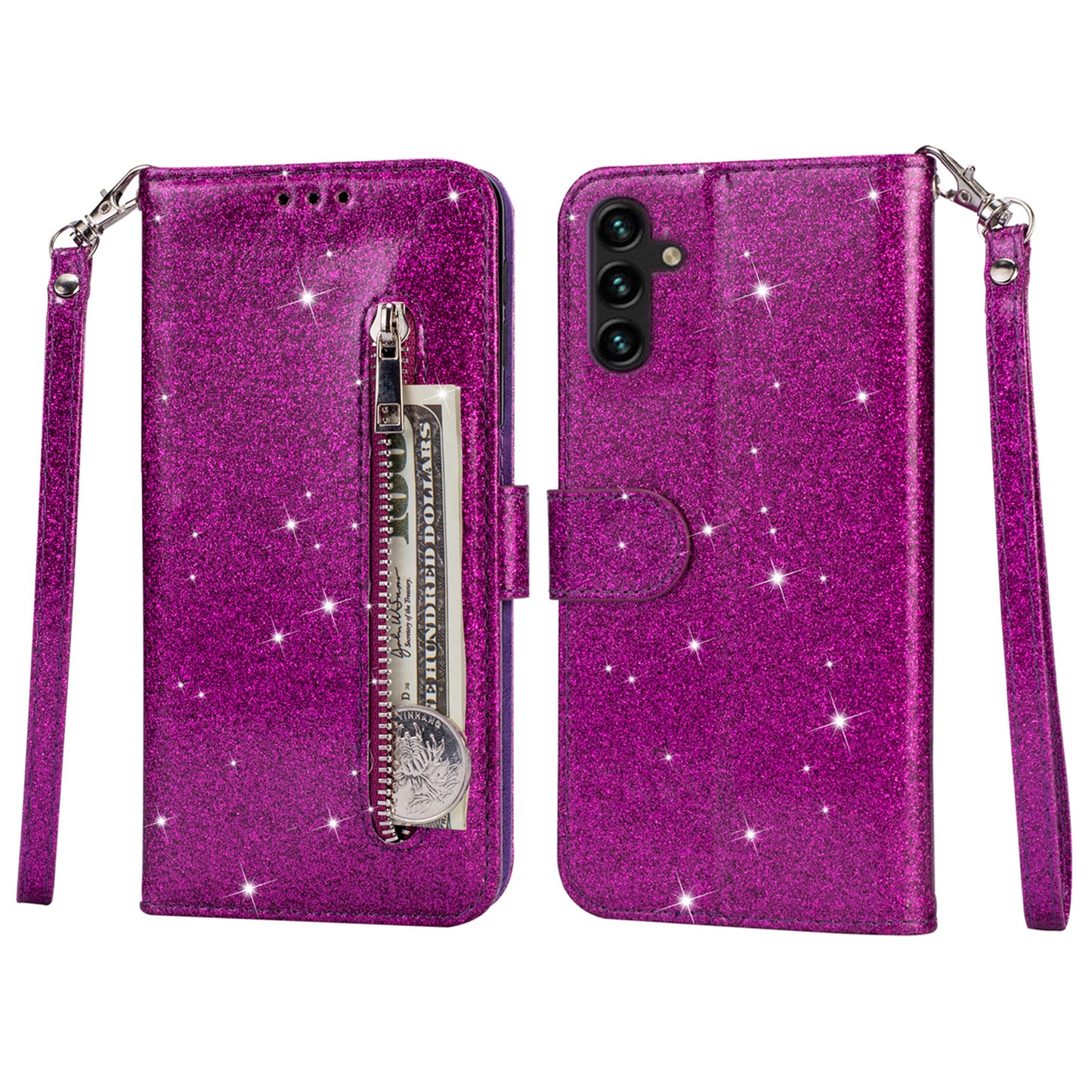 For Samsung Galaxy A16 5G  /  4G Stand Case Glitter Phone Leather Cover Zipper Pocket - Purple
