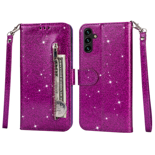 For Samsung Galaxy A16 5G  /  4G Stand Case Glitter Phone Leather Cover Zipper Pocket - Purple