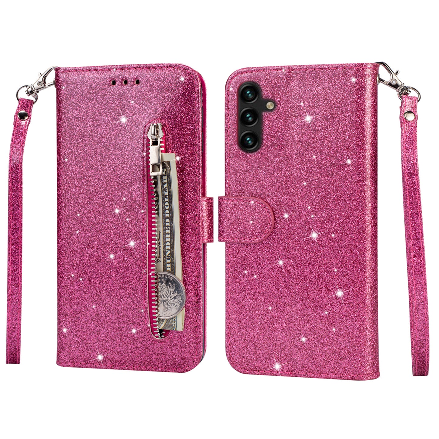 For Samsung Galaxy A16 5G  /  4G Stand Case Glitter Phone Leather Cover Zipper Pocket - Rose