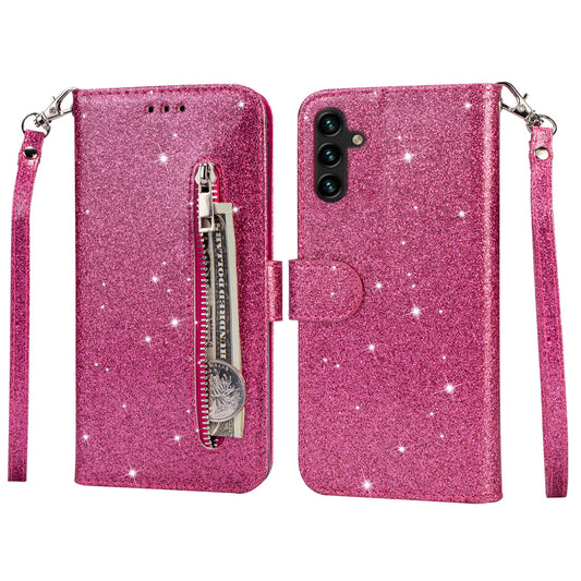 For Samsung Galaxy A16 5G  /  4G Stand Case Glitter Phone Leather Cover Zipper Pocket - Rose