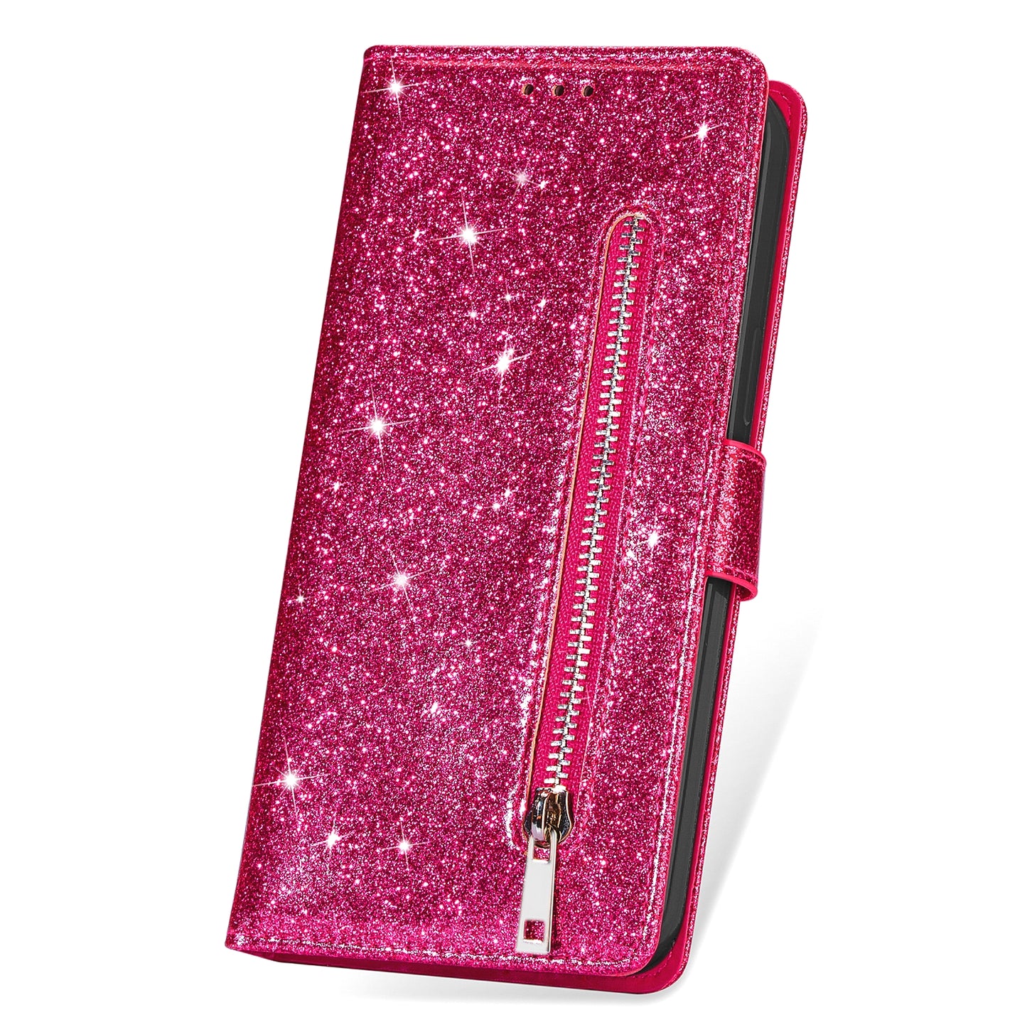 For Samsung Galaxy A16 5G  /  4G Stand Case Glitter Phone Leather Cover Zipper Pocket - Rose
