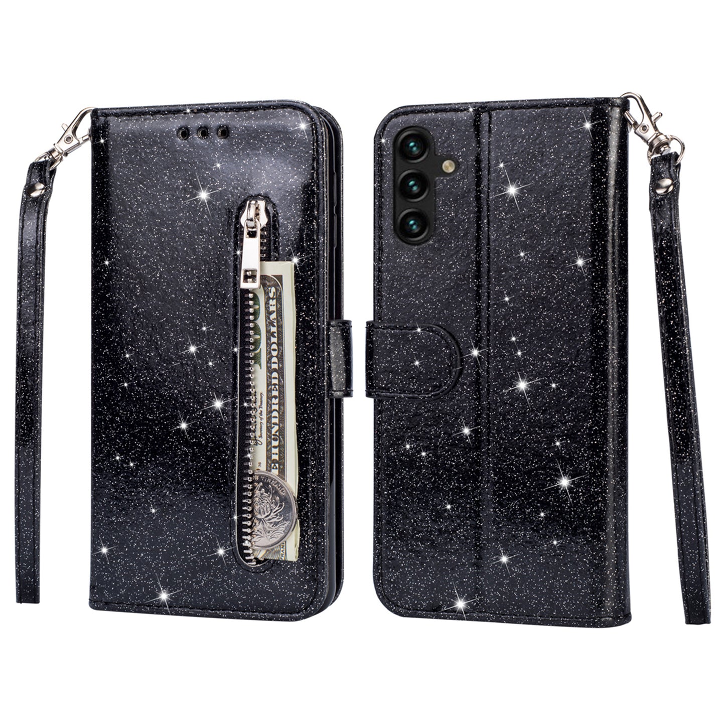 For Samsung Galaxy A16 5G  /  4G Stand Case Glitter Phone Leather Cover Zipper Pocket - Black
