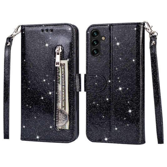 For Samsung Galaxy A16 5G  /  4G Stand Case Glitter Phone Leather Cover Zipper Pocket - Black