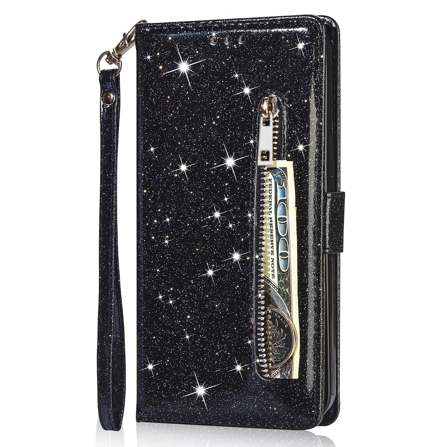 For Samsung Galaxy A16 5G  /  4G Stand Case Glitter Phone Leather Cover Zipper Pocket - Black