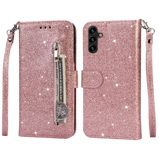 For Samsung Galaxy A16 5G  /  4G Stand Case Glitter Phone Leather Cover Zipper Pocket - Rose Gold