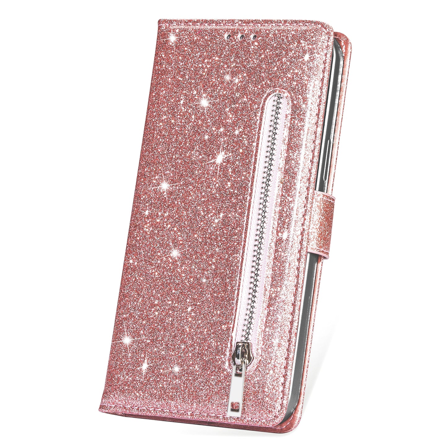 For Samsung Galaxy A16 5G  /  4G Stand Case Glitter Phone Leather Cover Zipper Pocket - Rose Gold