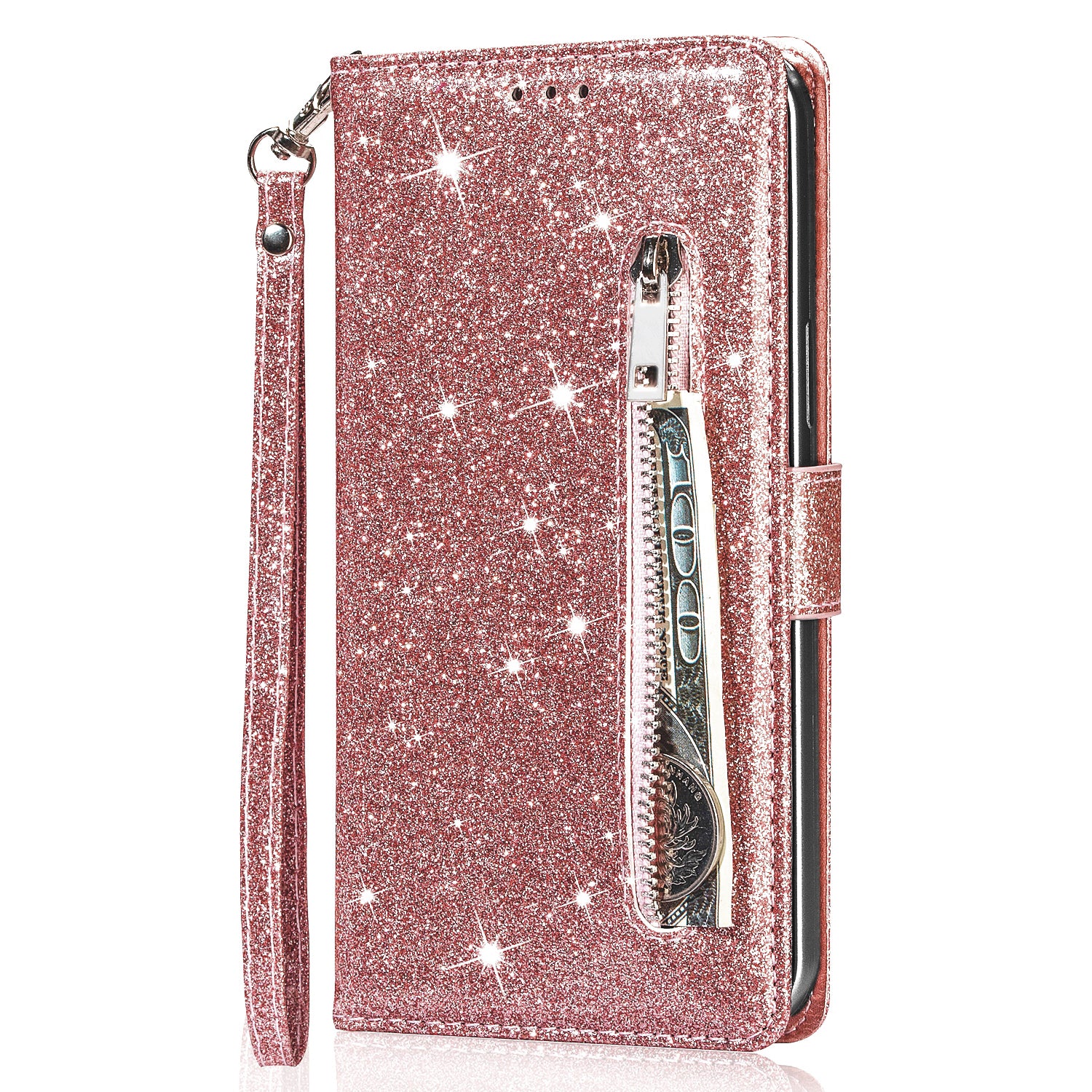 For Samsung Galaxy A16 5G  /  4G Stand Case Glitter Phone Leather Cover Zipper Pocket - Rose Gold