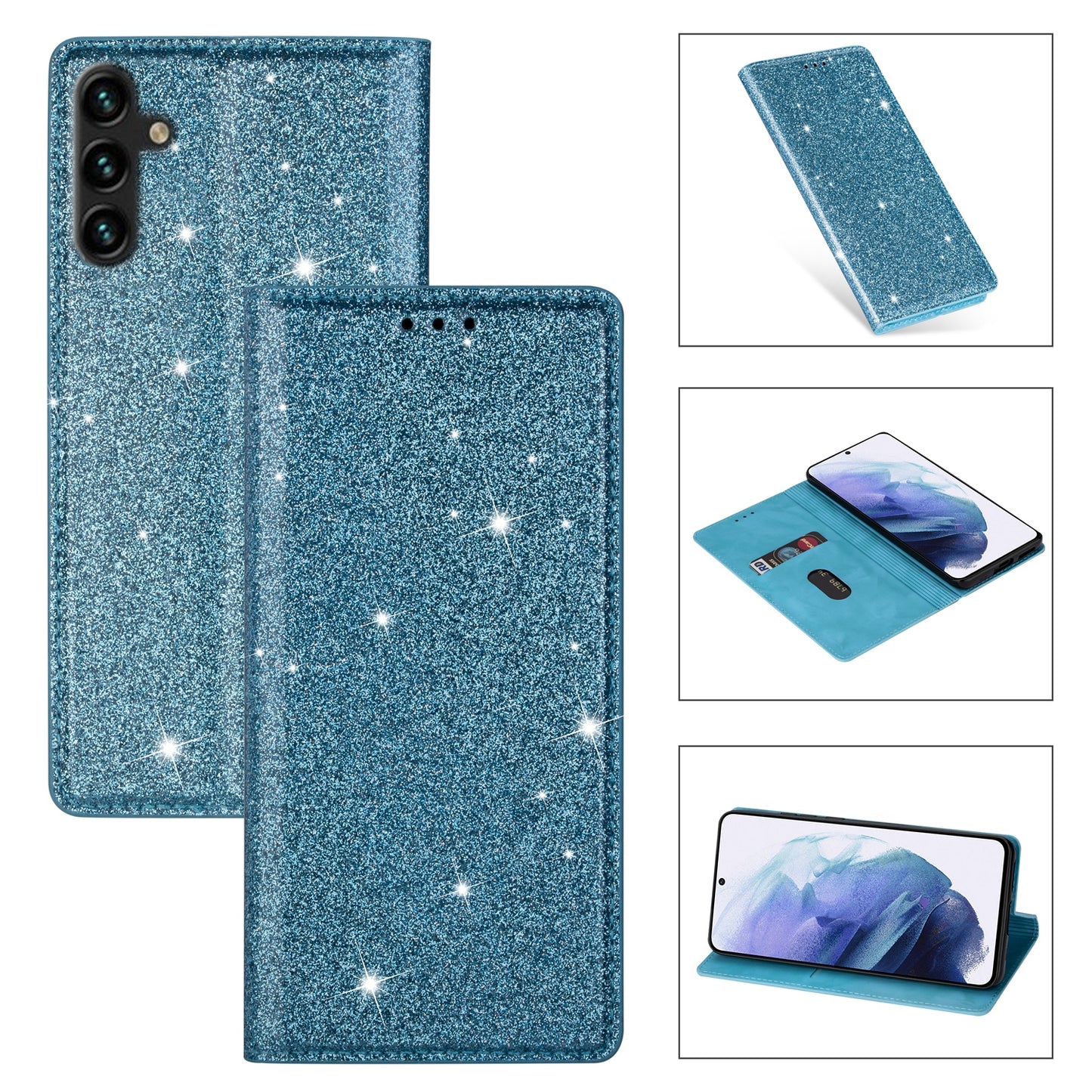For Samsung Galaxy A16 5G  /  4G Case Glittery PU Leather+TPU Card Slot Phone Cover - Blue