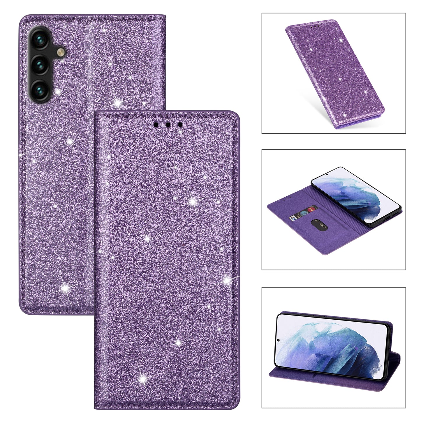 For Samsung Galaxy A16 5G  /  4G Case Glittery PU Leather+TPU Card Slot Phone Cover - Purple