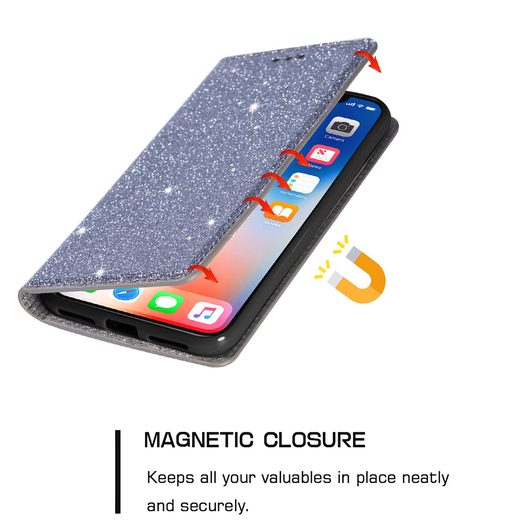 For Samsung Galaxy A16 5G  /  4G Case Glittery PU Leather+TPU Card Slot Phone Cover - Grey