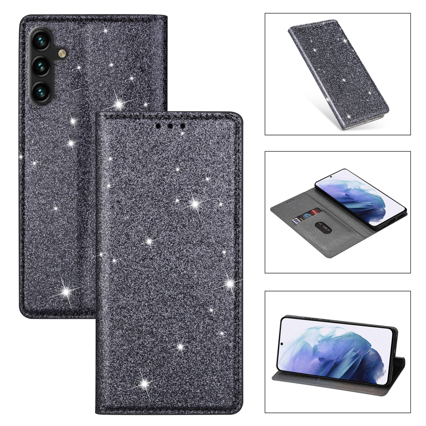 For Samsung Galaxy A16 5G  /  4G Case Glittery PU Leather+TPU Card Slot Phone Cover - Grey