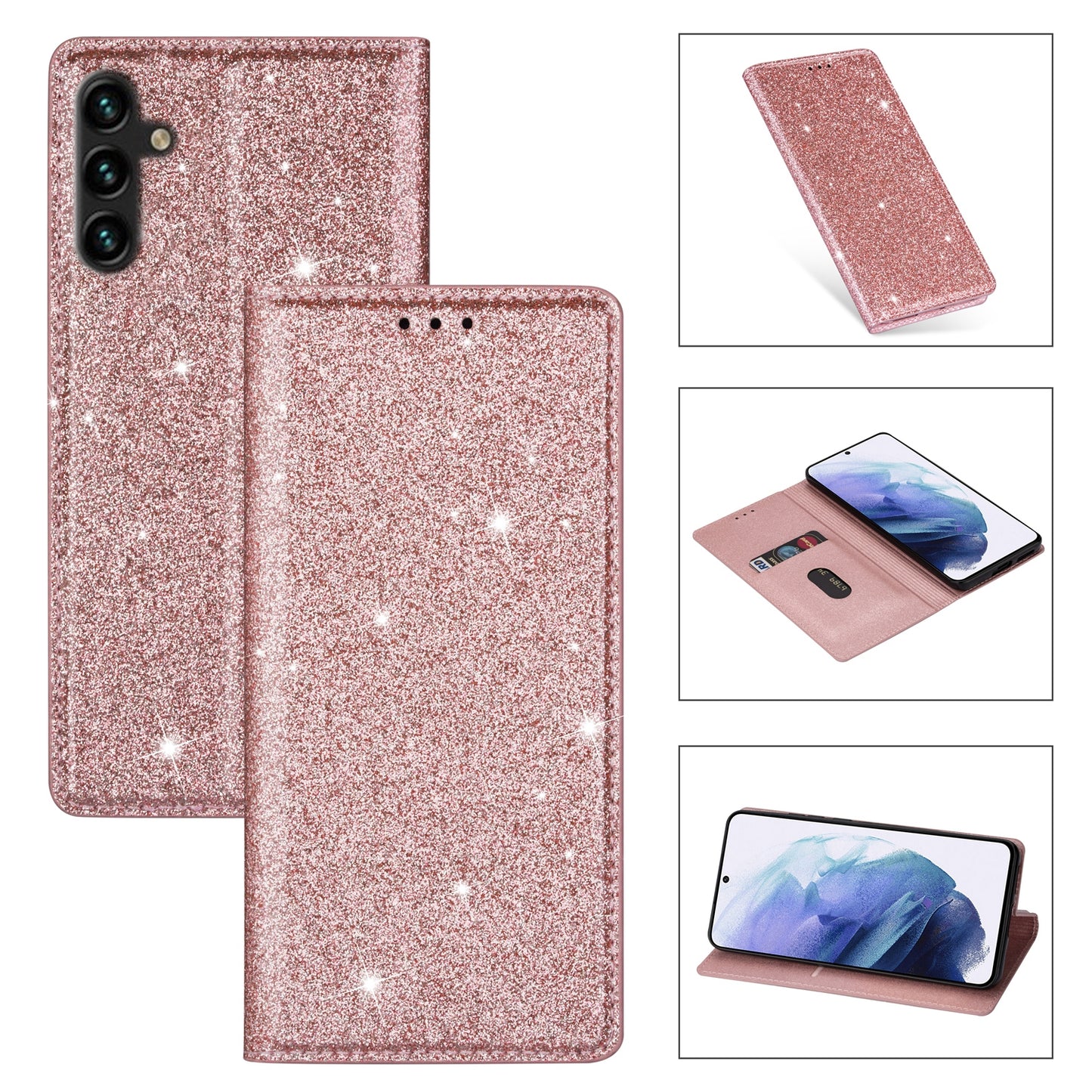 For Samsung Galaxy A16 5G  /  4G Case Glittery PU Leather+TPU Card Slot Phone Cover - Rose Gold