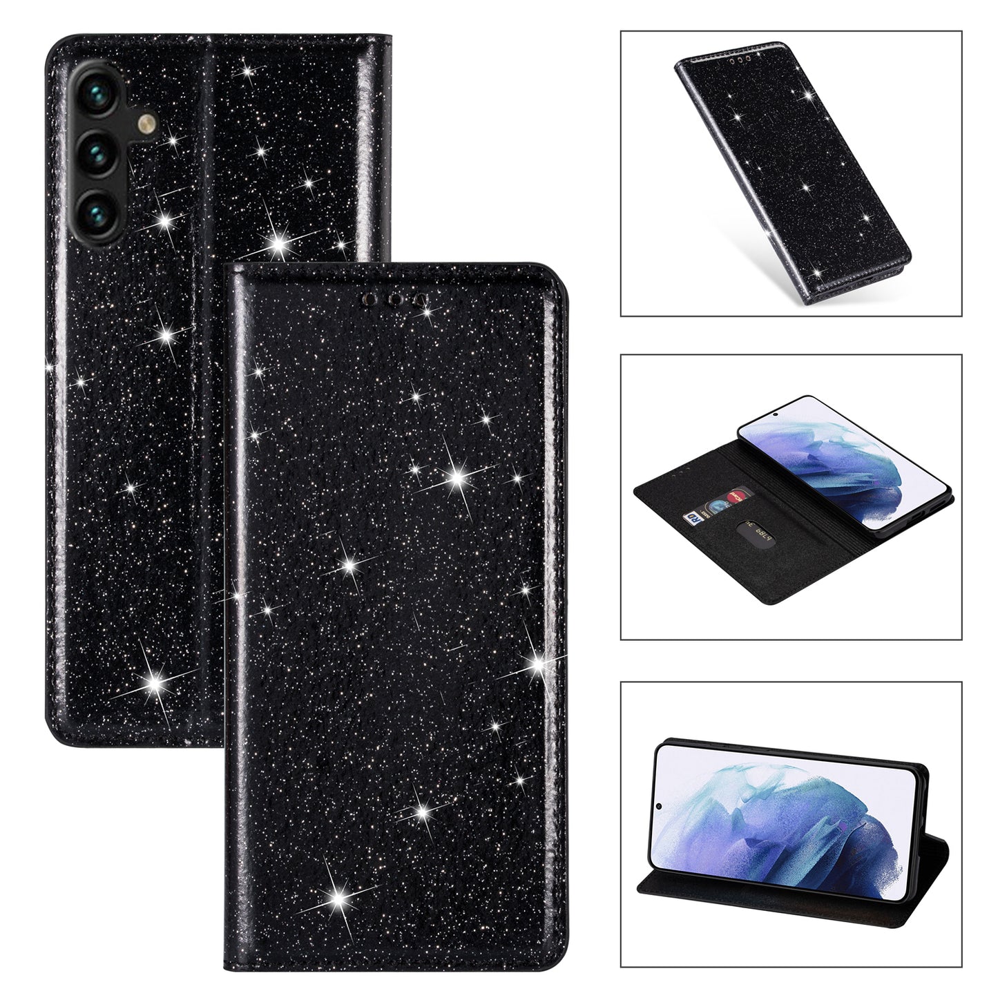 For Samsung Galaxy A16 5G  /  4G Case Glittery PU Leather+TPU Card Slot Phone Cover - Black