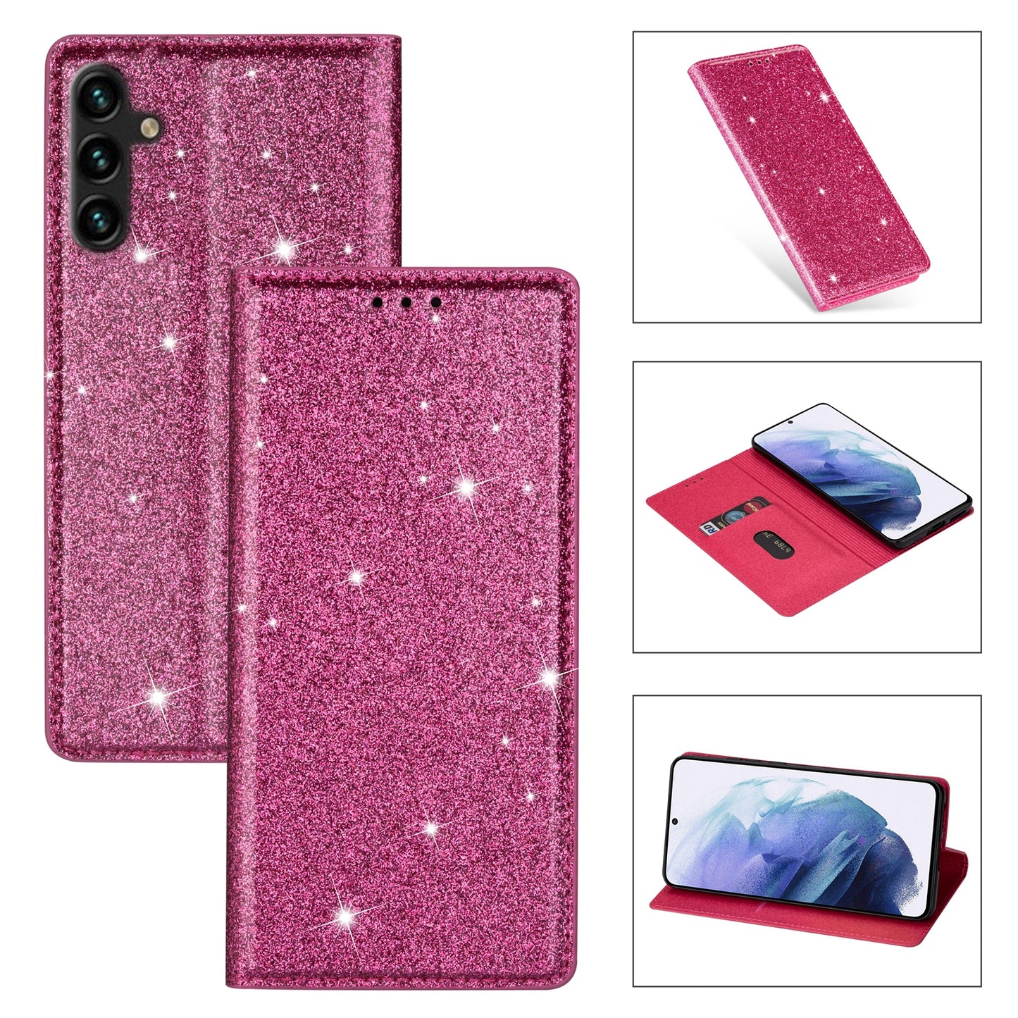 For Samsung Galaxy A16 5G  /  4G Case Glittery PU Leather+TPU Card Slot Phone Cover - Rose