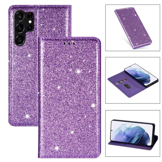 For Samsung Galaxy S25 Ultra Case Glittery PU Leather+TPU Card Slot Phone Cover - Purple