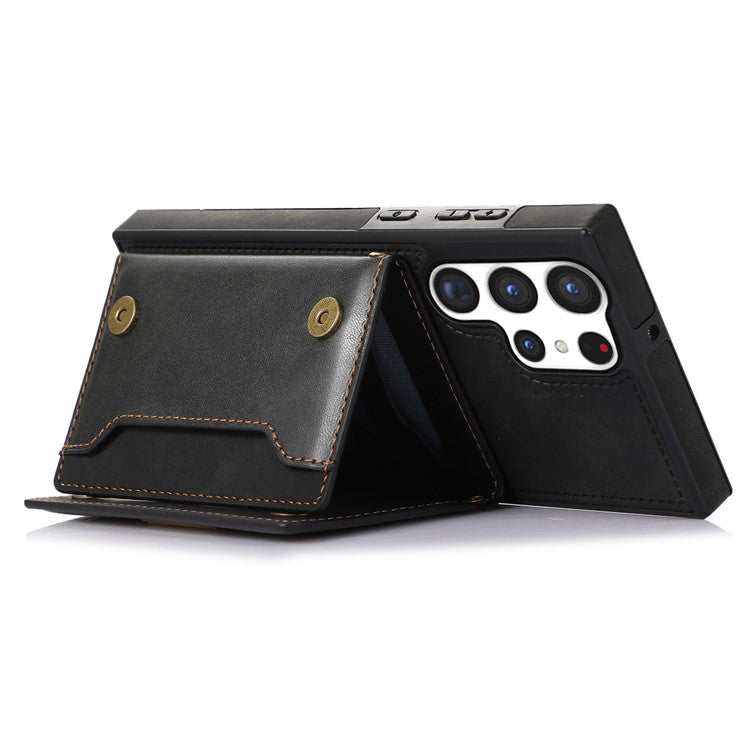 For Samsung Galaxy S25 Ultra Case Wallet RFID Blocking TPU Leather Phone Cover with Lanyard - Black