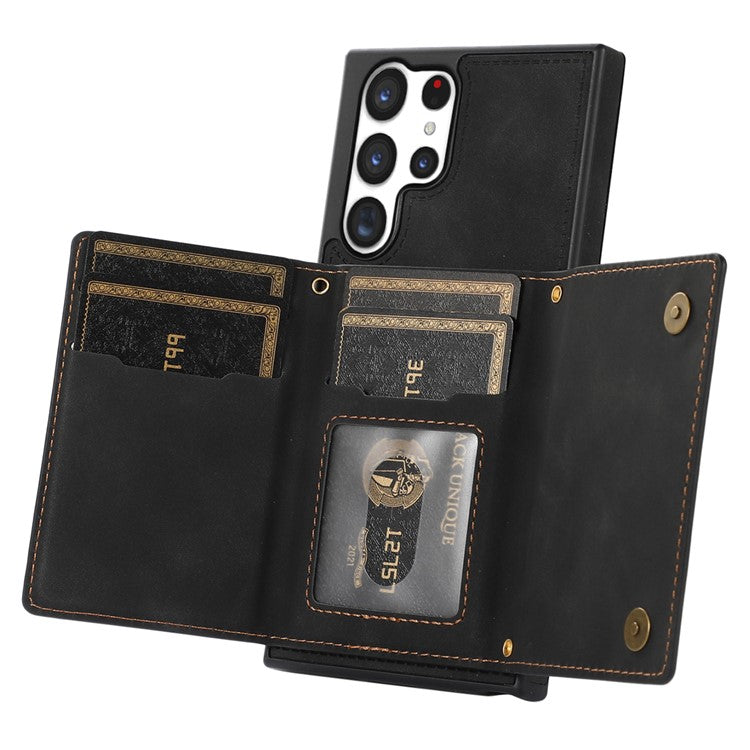 For Samsung Galaxy S25 Ultra Case Wallet RFID Blocking TPU Leather Phone Cover with Lanyard - Black