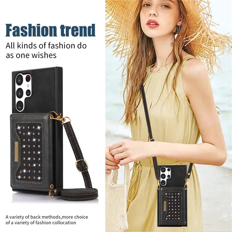 For Samsung Galaxy S25 Ultra Case Wallet RFID Blocking TPU Leather Phone Cover with Lanyard - Black