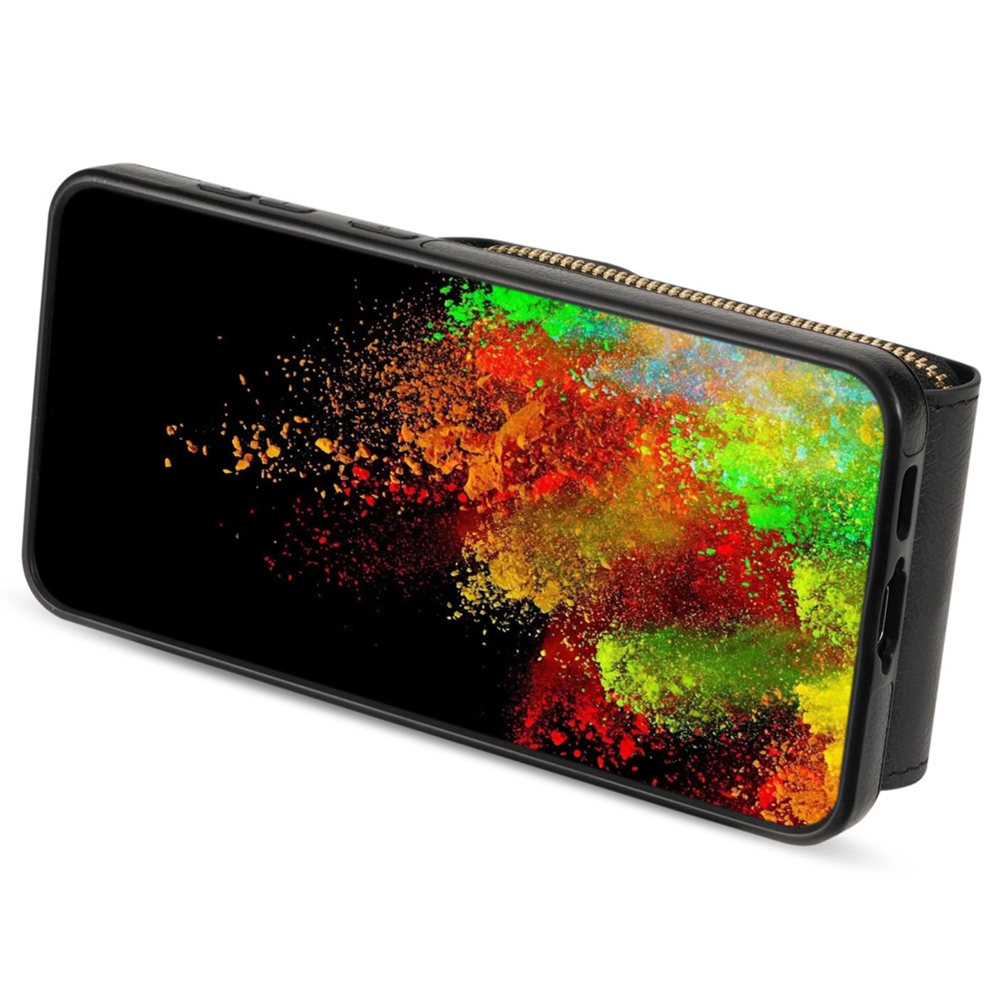 For Samsung Galaxy A16 5G  /  4G Case Zipper Wallet Leather+TPU Phone Cover with Strap - Black