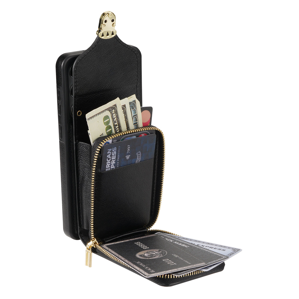 For Samsung Galaxy A16 5G  /  4G Case Zipper Wallet Leather+TPU Phone Cover with Strap - Black