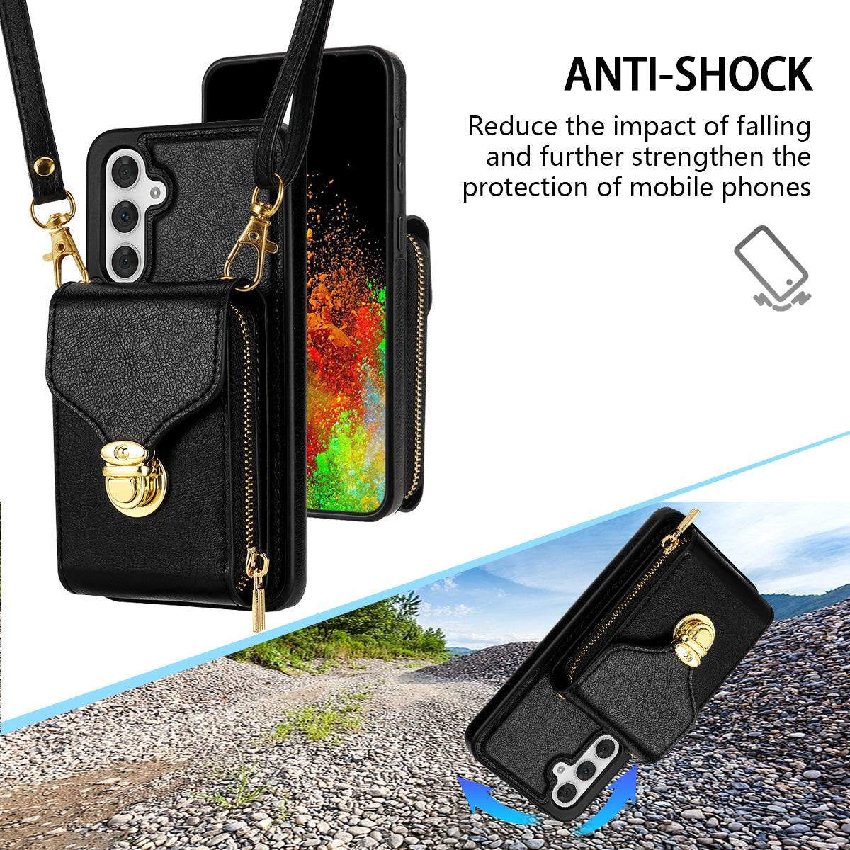 For Samsung Galaxy A16 5G  /  4G Case Zipper Wallet Leather+TPU Phone Cover with Strap - Black