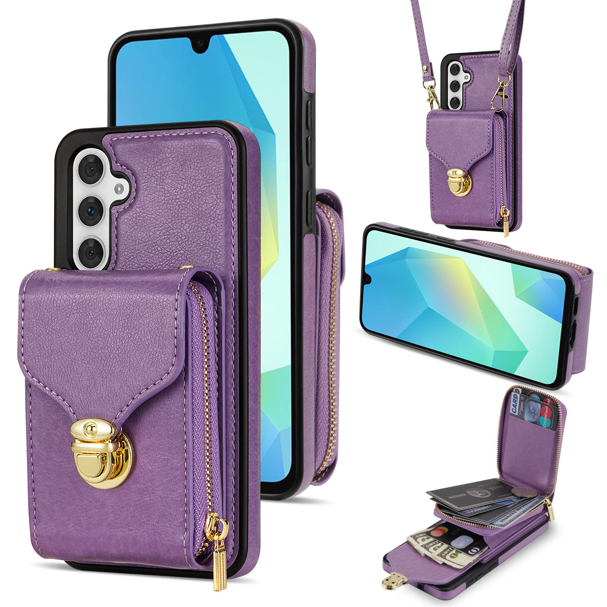 For Samsung Galaxy A16 5G  /  4G Case Zipper Wallet Leather+TPU Phone Cover with Strap - Purple