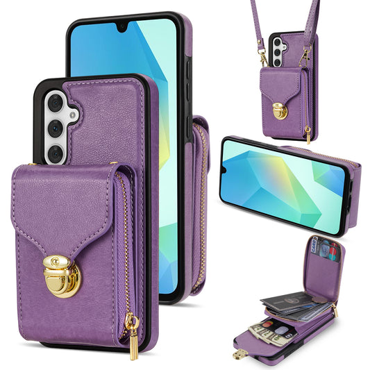 For Samsung Galaxy A16 5G  /  4G Case Zipper Wallet Leather+TPU Phone Cover with Strap - Purple