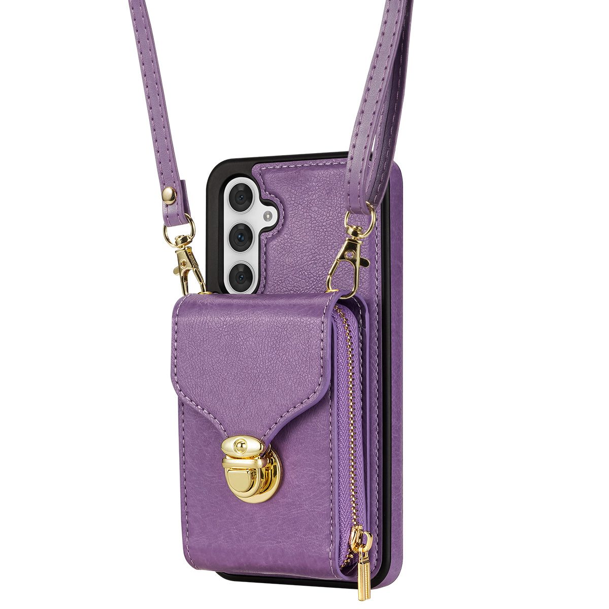 For Samsung Galaxy A16 5G  /  4G Case Zipper Wallet Leather+TPU Phone Cover with Strap - Purple