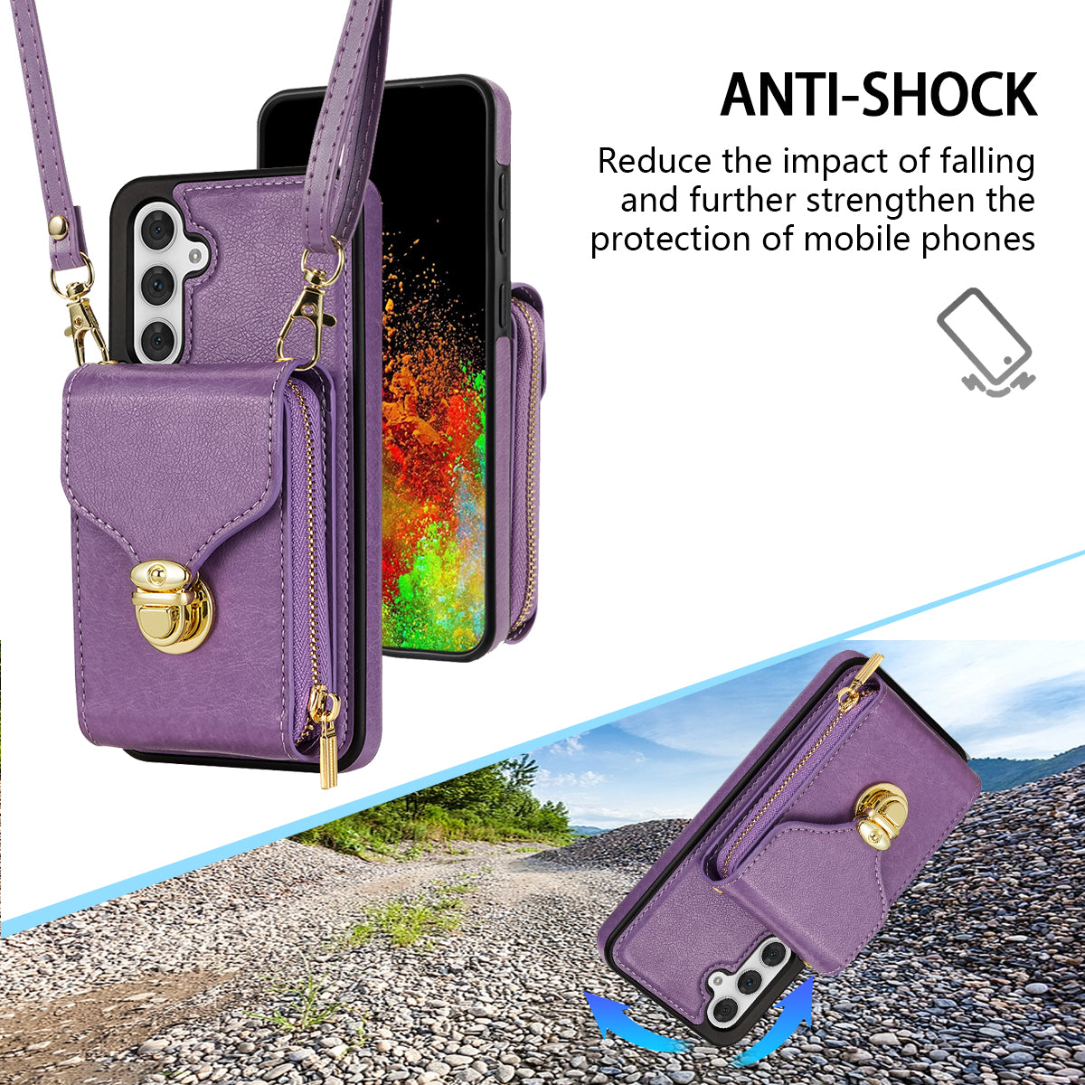 For Samsung Galaxy A16 5G  /  4G Case Zipper Wallet Leather+TPU Phone Cover with Strap - Purple