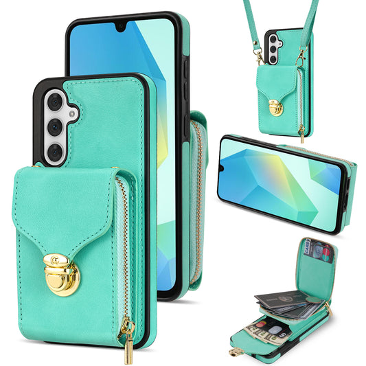 For Samsung Galaxy A16 5G  /  4G Case Zipper Wallet Leather+TPU Phone Cover with Strap - Mint Green