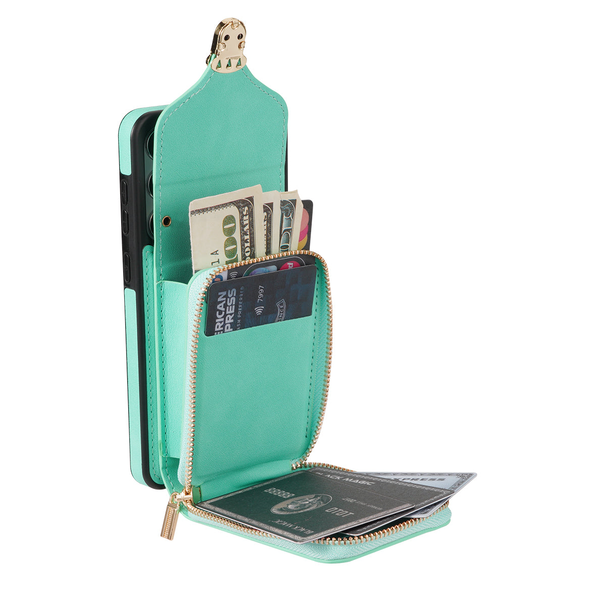 For Samsung Galaxy A16 5G  /  4G Case Zipper Wallet Leather+TPU Phone Cover with Strap - Mint Green