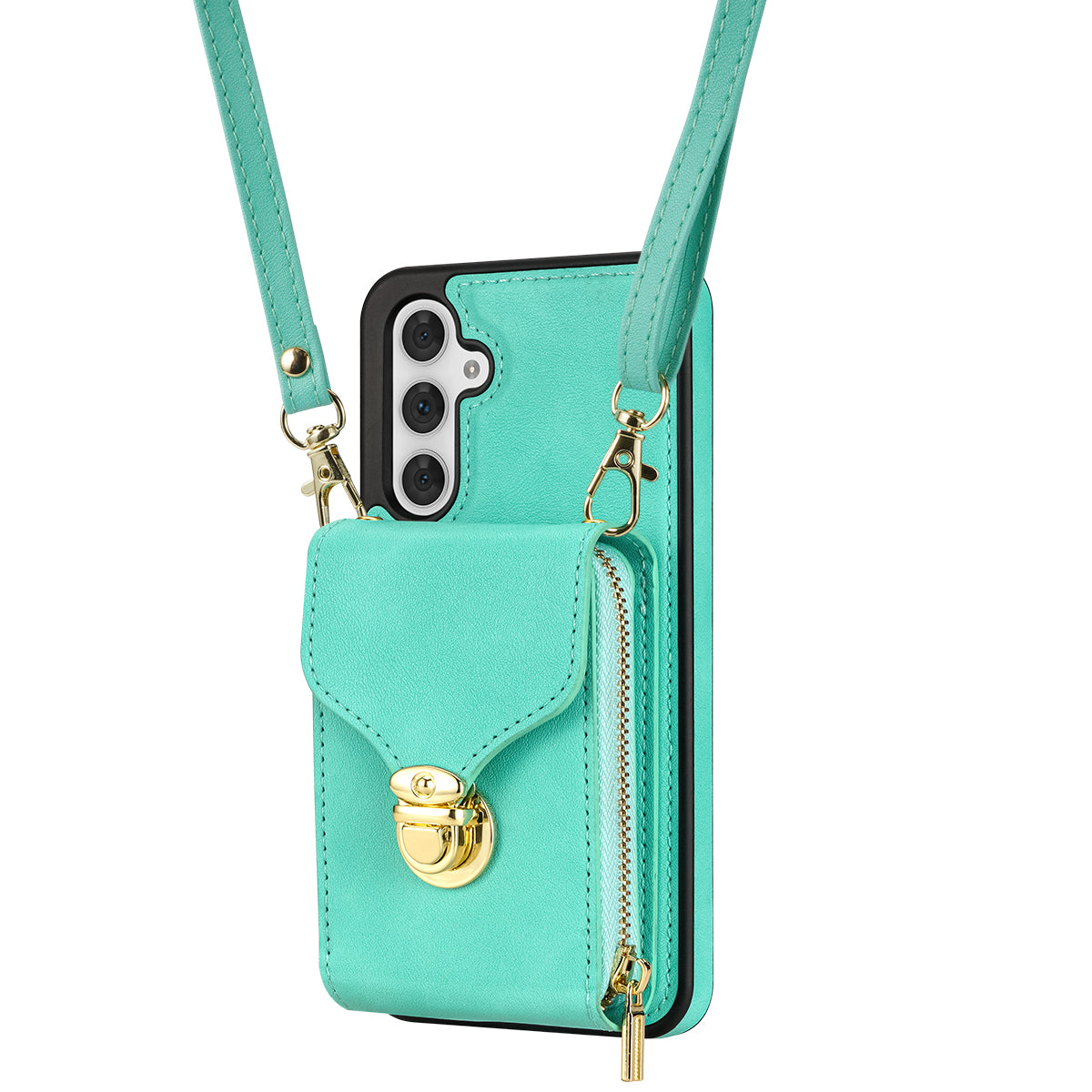For Samsung Galaxy A16 5G  /  4G Case Zipper Wallet Leather+TPU Phone Cover with Strap - Mint Green