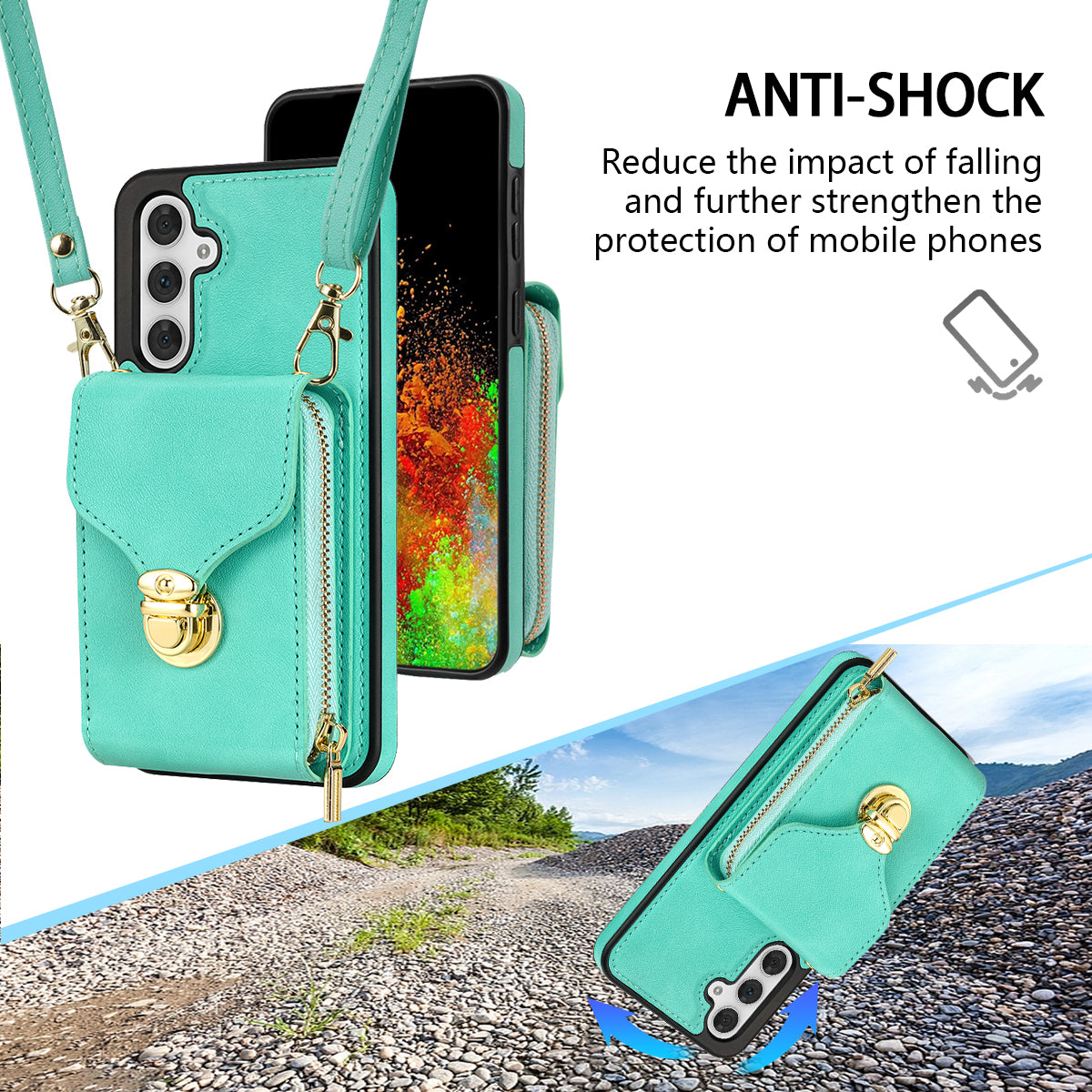 For Samsung Galaxy A16 5G  /  4G Case Zipper Wallet Leather+TPU Phone Cover with Strap - Mint Green