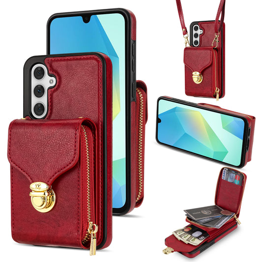 For Samsung Galaxy A16 5G  /  4G Case Zipper Wallet Leather+TPU Phone Cover with Strap - Red