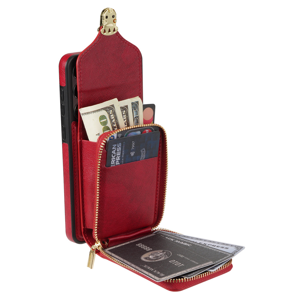 For Samsung Galaxy A16 5G  /  4G Case Zipper Wallet Leather+TPU Phone Cover with Strap - Red