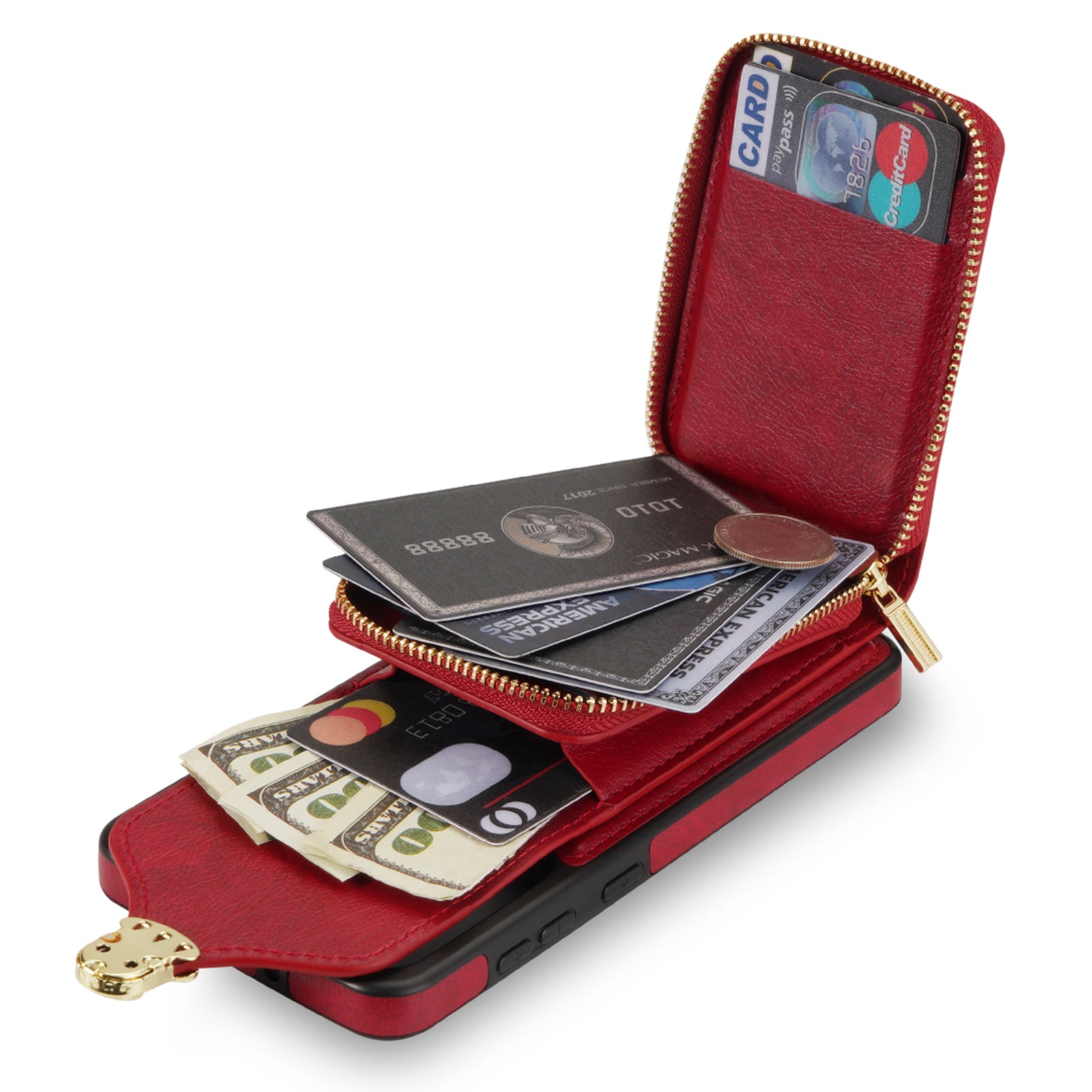 For Samsung Galaxy A16 5G  /  4G Case Zipper Wallet Leather+TPU Phone Cover with Strap - Red