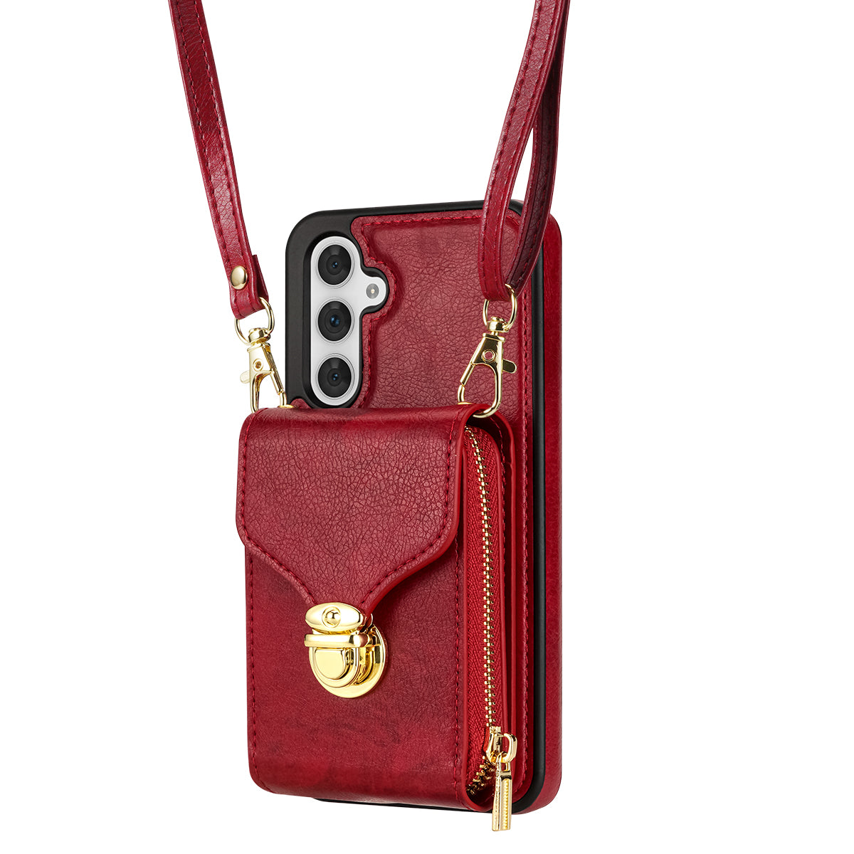 For Samsung Galaxy A16 5G  /  4G Case Zipper Wallet Leather+TPU Phone Cover with Strap - Red