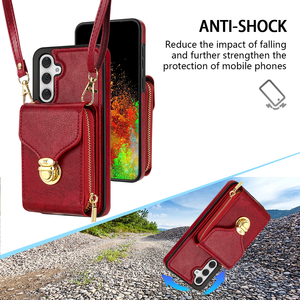 For Samsung Galaxy A16 5G  /  4G Case Zipper Wallet Leather+TPU Phone Cover with Strap - Red