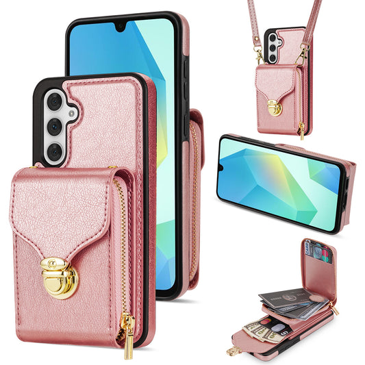 For Samsung Galaxy A16 5G  /  4G Case Zipper Wallet Leather+TPU Phone Cover with Strap - Rose Gold