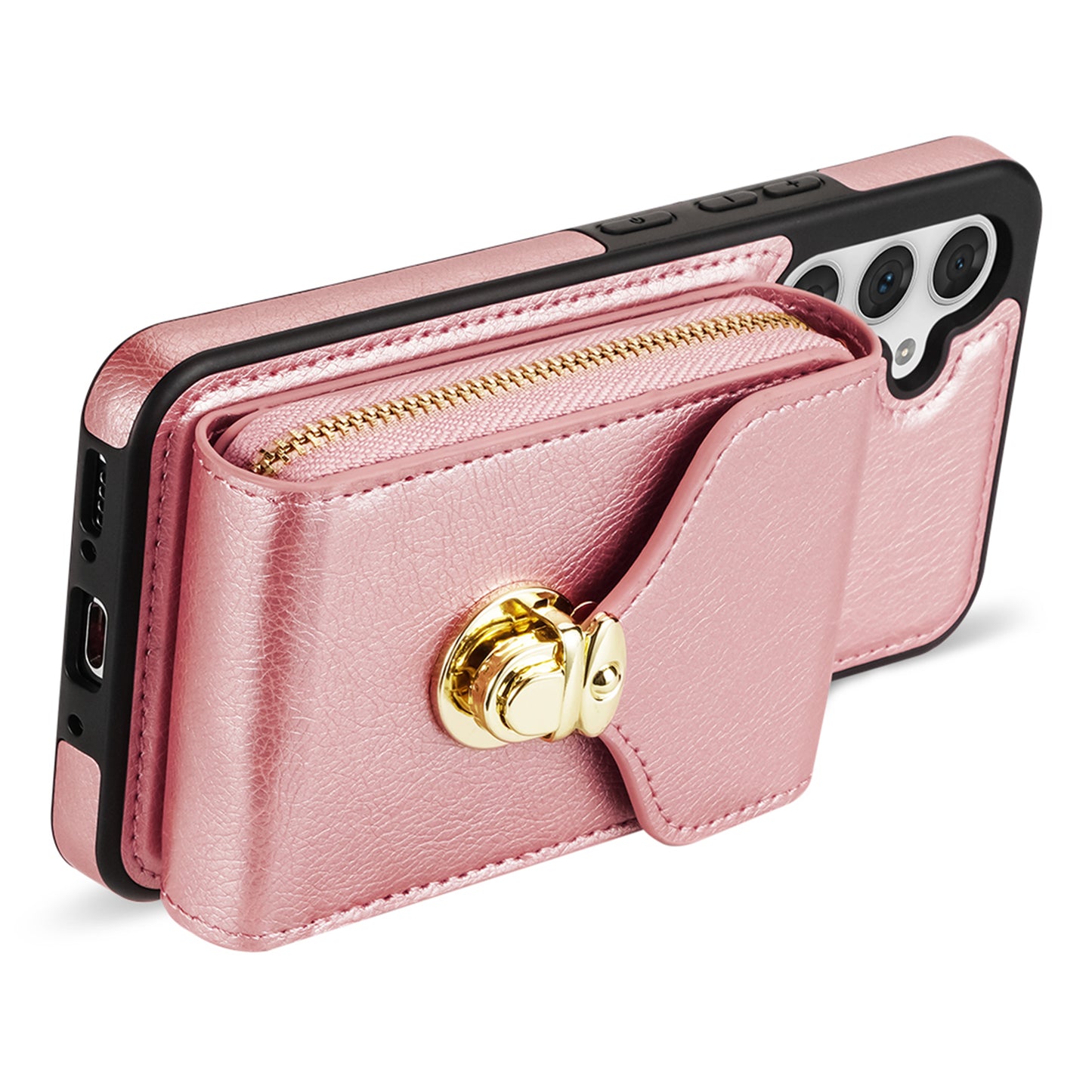 For Samsung Galaxy A16 5G  /  4G Case Zipper Wallet Leather+TPU Phone Cover with Strap - Rose Gold