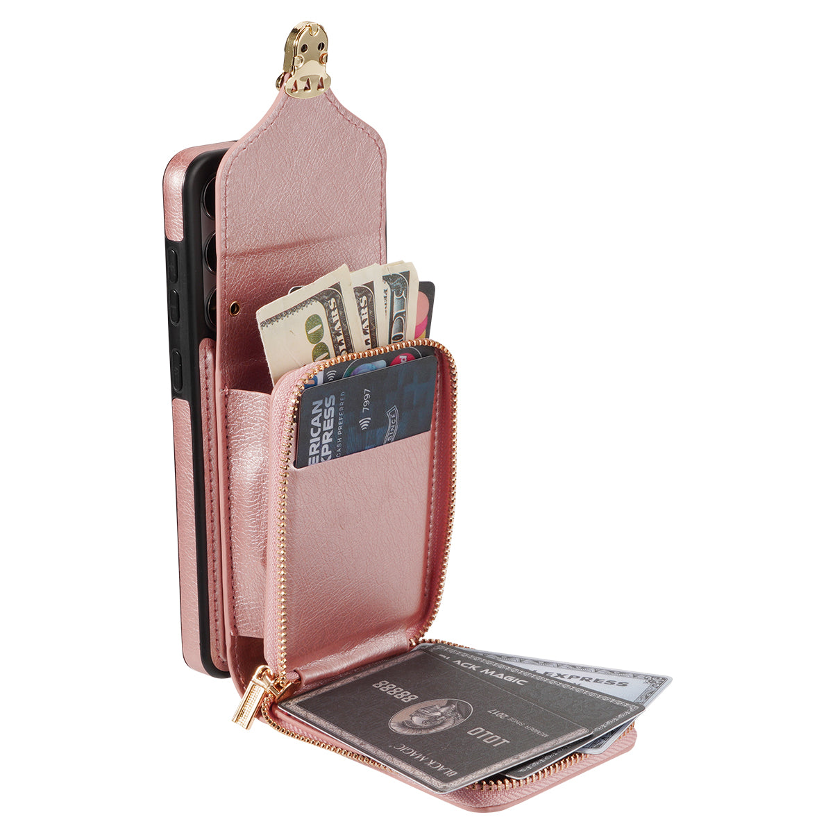 For Samsung Galaxy A16 5G  /  4G Case Zipper Wallet Leather+TPU Phone Cover with Strap - Rose Gold