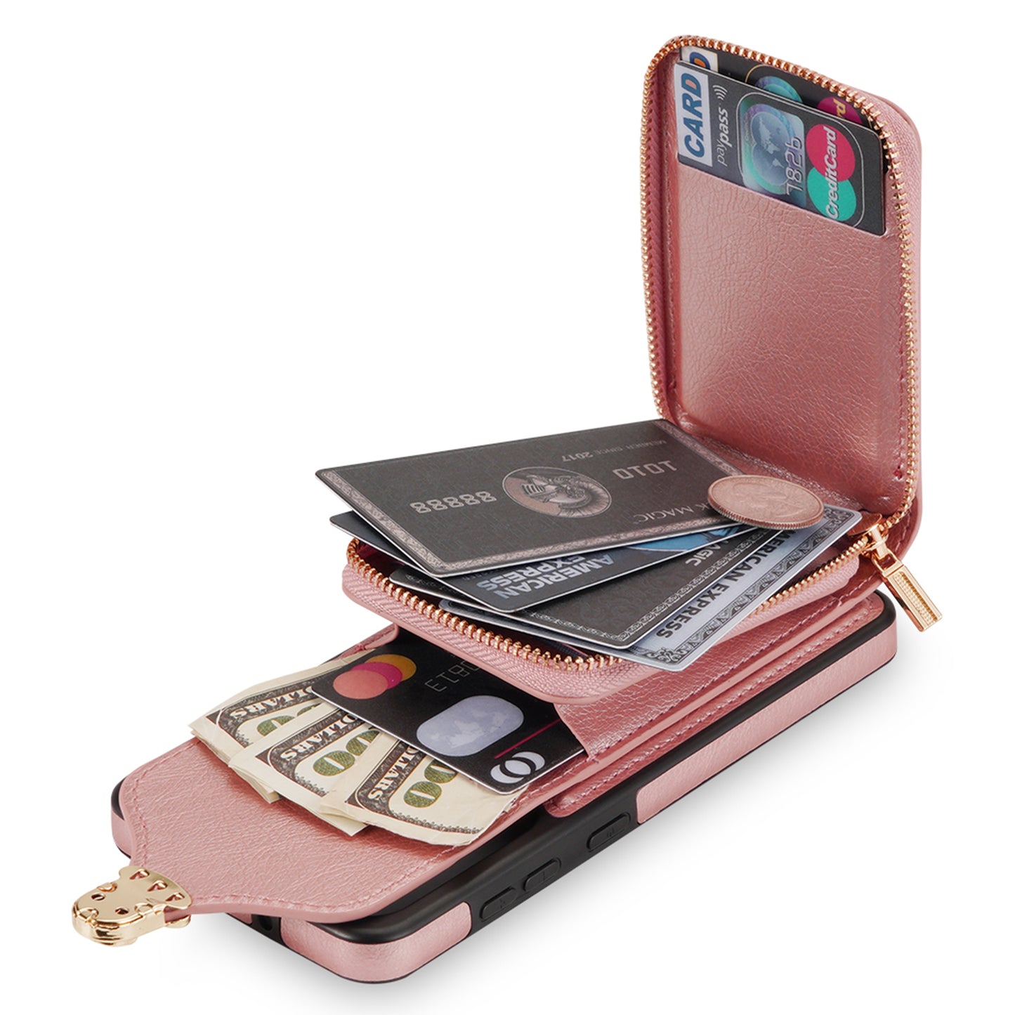 For Samsung Galaxy A16 5G  /  4G Case Zipper Wallet Leather+TPU Phone Cover with Strap - Rose Gold